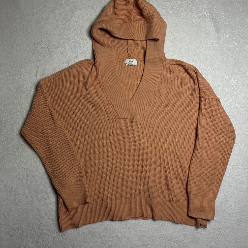 Aerie Womens M Waffle Knit Hoodie Sweater Peach Clay V-Neck Oversized Pullover